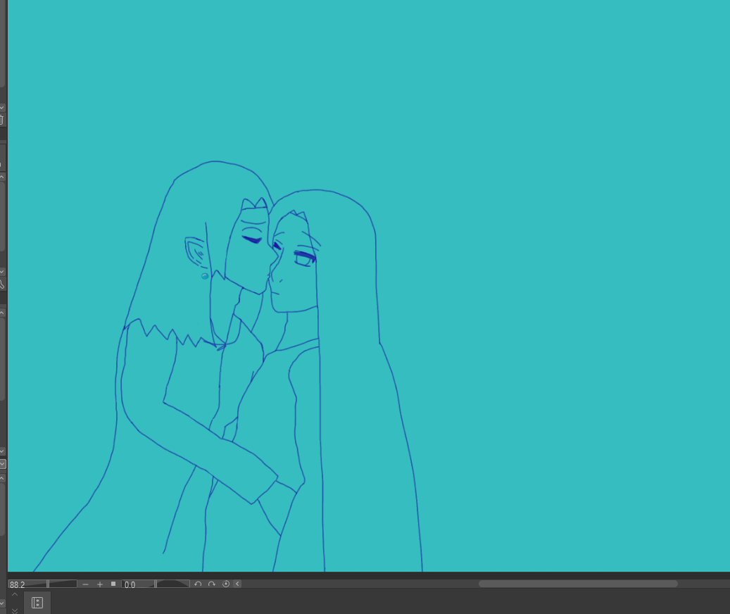 antonio chandrani-rivera kisses alejandro altaha's cheek. antonio has closed eyes, wears a jacket, has a floating water droplet earring, and shoulder-length hair. alejandro has one eye closed, long hair, wears a tunic, and looks a bit sleepy.